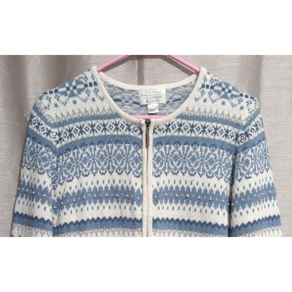 VTG Christopher & Banks Winter Blue White Cardigan Sweater MEDIUM Full Zip - Picture 13 of 16